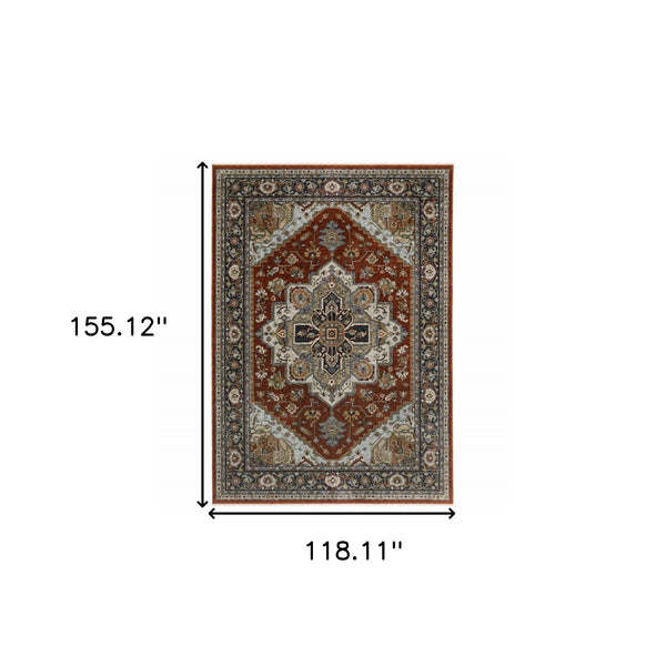 Homeroots 10' X 13' Blue And Beige Oriental Power Loom Area Rug With Fringe Red,Blue Polyester 508072