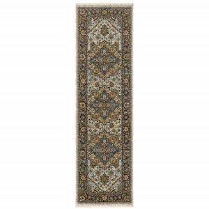 Homeroots 2' X 8' Ivory Beige Blue Orange Gold Green Grey And Rust Oriental Power Loom Stain Resistant Runner Rug With Fringe Beige,Sky Blue Polyester 508073