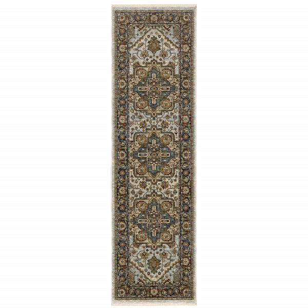 Homeroots 2' X 8' Ivory Beige Blue Orange Gold Green Grey And Rust Oriental Power Loom Stain Resistant Runner Rug With Fringe Beige,Sky Blue Polyester 508073