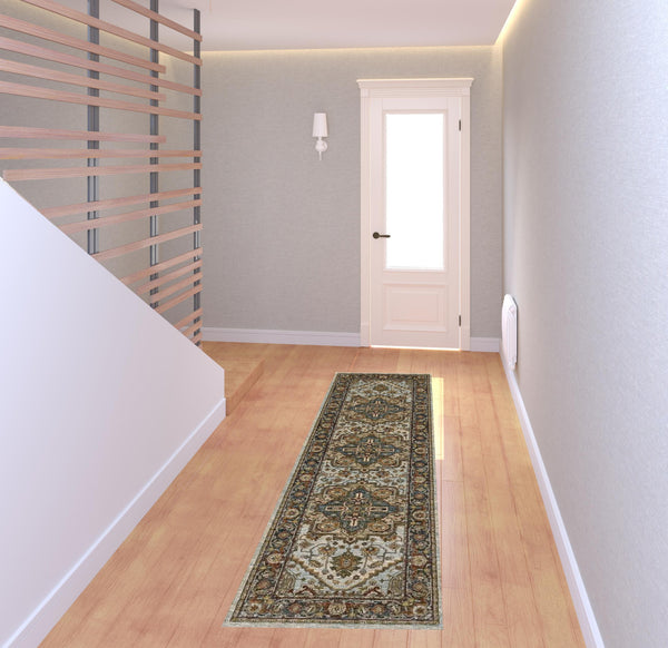 Homeroots 2' X 8' Ivory Beige Blue Orange Gold Green Grey And Rust Oriental Power Loom Stain Resistant Runner Rug With Fringe Beige,Sky Blue Polyester 508073