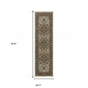 HomeRoots 8' Blue and Green Oriental Power Loom Runner Rug - Durable, Stylish, and Ideal for High-Traffic Areas Beige/ Sky Blue 2'3" x 7'6" 508073