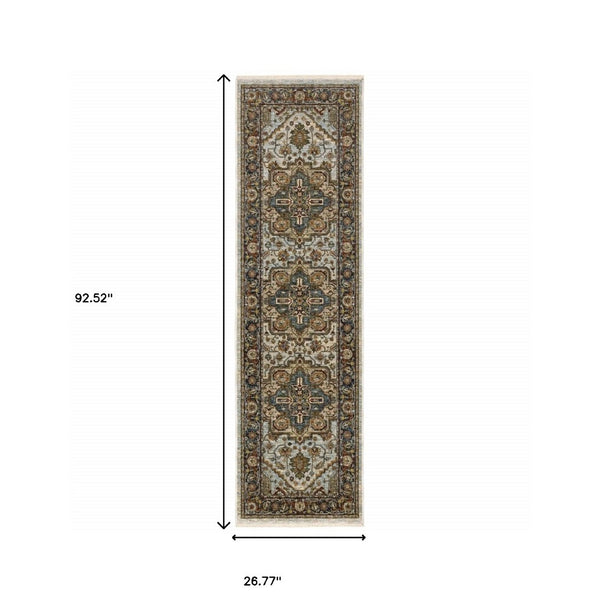 HomeRoots 8' Blue and Green Oriental Power Loom Runner Rug - Durable, Stylish, and Ideal for High-Traffic Areas Beige/ Sky Blue 2'3" x 7'6" 508073