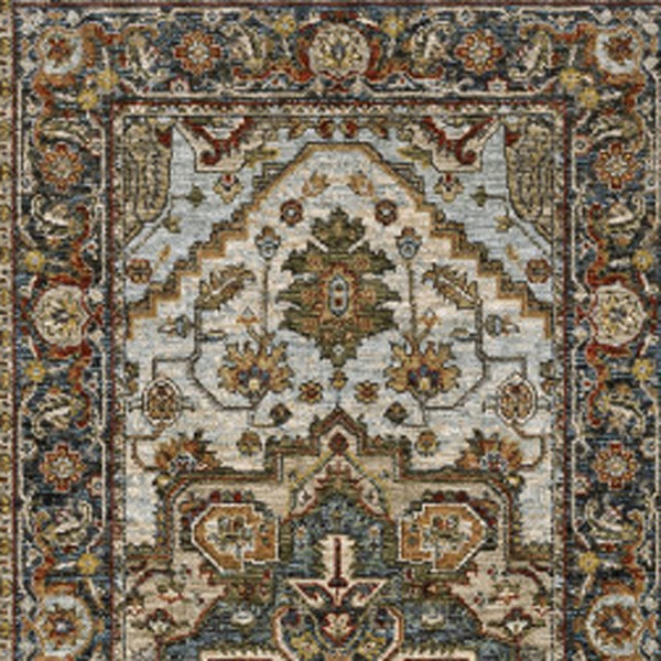 Homeroots 2' X 8' Ivory Beige Blue Orange Gold Green Grey And Rust Oriental Power Loom Stain Resistant Runner Rug With Fringe Beige,Sky Blue Polyester 508073