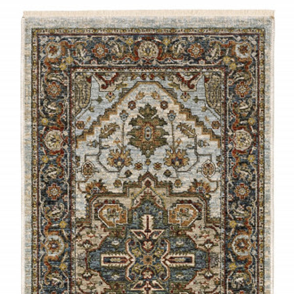 Homeroots 2' X 8' Ivory Beige Blue Orange Gold Green Grey And Rust Oriental Power Loom Stain Resistant Runner Rug With Fringe Beige,Sky Blue Polyester 508073