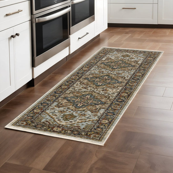 HomeRoots 8' Blue and Green Oriental Power Loom Runner Rug - Durable, Stylish, and Ideal for High-Traffic Areas Beige/ Sky Blue 2'3" x 7'6" 508073