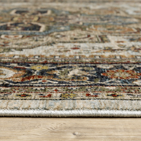 Homeroots 2' X 8' Ivory Beige Blue Orange Gold Green Grey And Rust Oriental Power Loom Stain Resistant Runner Rug With Fringe Beige,Sky Blue Polyester 508073