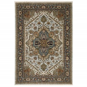 Homeroots 5' X 8' Ivory Beige Blue Orange Gold Green Grey And Rust Oriental Power Loom Stain Resistant Area Rug With Fringe Beige,Sky Blue Polyester 508076