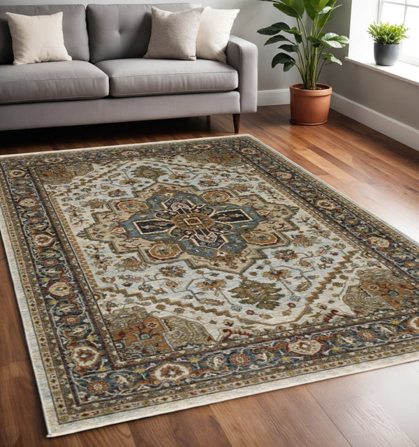 HomeRoots 8' Blue and Green Oriental Power Loom Runner Rug - Durable, Stylish, and Ideal for High-Traffic Areas 5' X 8' 508076