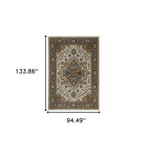 Homeroots 8' X 11' Beige And Ivory Oriental Power Loom Area Rug With Fringe Beige,Sky Blue Polyester 508078