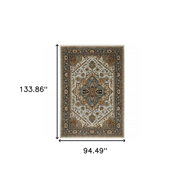 Homeroots 8' X 11' Beige And Ivory Oriental Power Loom Area Rug With Fringe Beige,Sky Blue Polyester 508078