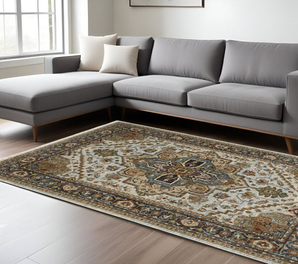 Homeroots 8' X 11' Beige And Ivory Oriental Power Loom Area Rug With Fringe Beige,Sky Blue Polyester 508078