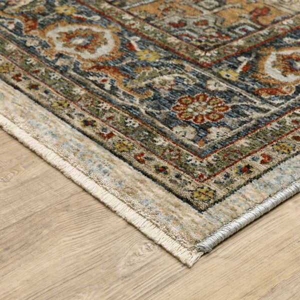 Homeroots 10' X 13' Ivory Beige Blue Orange Gold Green Grey And Rust Oriental Power Loom Stain Resistant Area Rug With Fringe Beige,Sky Blue Polyester 508079