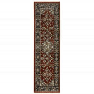 HomeRoots 2' Red Ivory Blue Navy Gold Grey Oriental Power Loom Runner Rug - Stain Resistant, Classic Elegance 2'3" x 7'6" 508080
