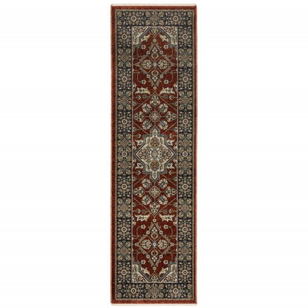 HomeRoots 2' Red Ivory Blue Navy Gold Grey Oriental Power Loom Runner Rug - Stain Resistant, Classic Elegance 2'3" x 7'6" 508080
