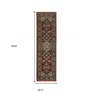 HomeRoots 2' Red Ivory Blue Navy Gold Grey Oriental Power Loom Runner Rug - Stain Resistant, Classic Elegance 2'3" x 7'6" 508080