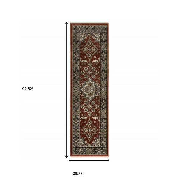 HomeRoots 2' Red Ivory Blue Navy Gold Grey Oriental Power Loom Runner Rug - Stain Resistant, Classic Elegance 2'3" x 7'6" 508080