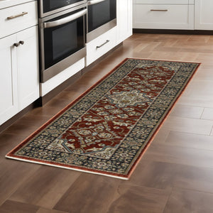 HomeRoots 2' Red Ivory Blue Navy Gold Grey Oriental Power Loom Runner Rug - Stain Resistant, Classic Elegance 2'3" x 7'6" 508080