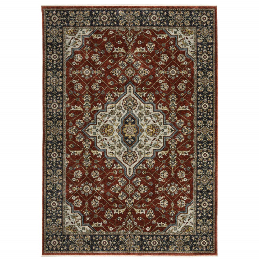HomeRoots 2' Red Ivory Blue Navy Gold Grey Oriental Power Loom Runner Rug - Stain Resistant, Classic Elegance 3' X 5' 508082