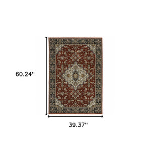 HomeRoots 2' Red Ivory Blue Navy Gold Grey Oriental Power Loom Runner Rug - Stain Resistant, Classic Elegance 3' X 5' 508082