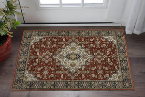 HomeRoots 2' Red Ivory Blue Navy Gold Grey Oriental Power Loom Runner Rug - Stain Resistant, Classic Elegance 3' X 5' 508082