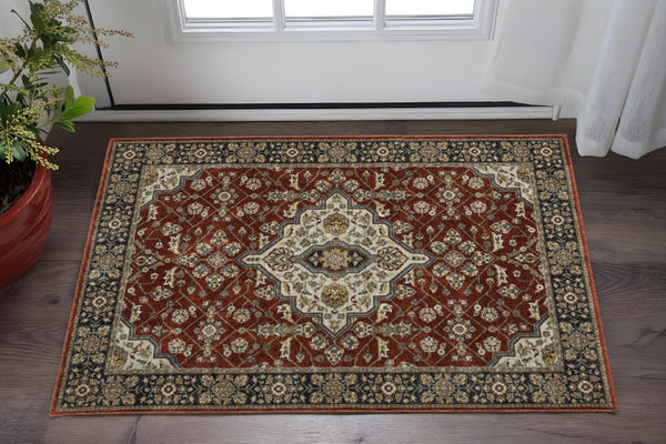 HomeRoots 2' Red Ivory Blue Navy Gold Grey Oriental Power Loom Runner Rug - Stain Resistant, Classic Elegance 3' X 5' 508082