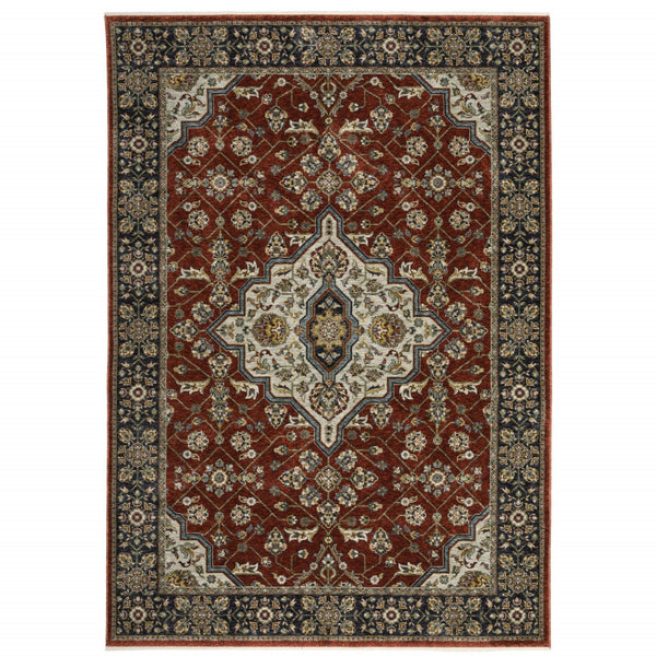 HomeRoots 2' Red Ivory Blue Navy Gold Grey Oriental Power Loom Runner Rug - Stain Resistant, Classic Elegance 5' X 8' 508083