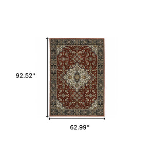 HomeRoots 2' Red Ivory Blue Navy Gold Grey Oriental Power Loom Runner Rug - Stain Resistant, Classic Elegance 5' X 8' 508083