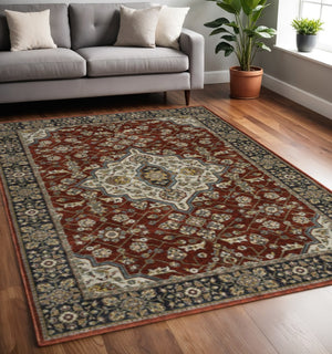HomeRoots 2' Red Ivory Blue Navy Gold Grey Oriental Power Loom Runner Rug - Stain Resistant, Classic Elegance 5' X 8' 508083