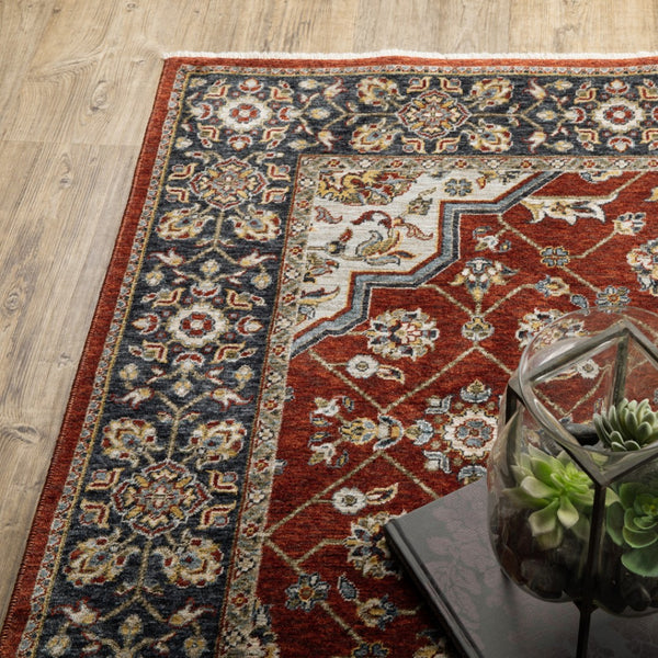HomeRoots 2' Red Ivory Blue Navy Gold Grey Oriental Power Loom Runner Rug - Stain Resistant, Classic Elegance 5' X 8' 508083