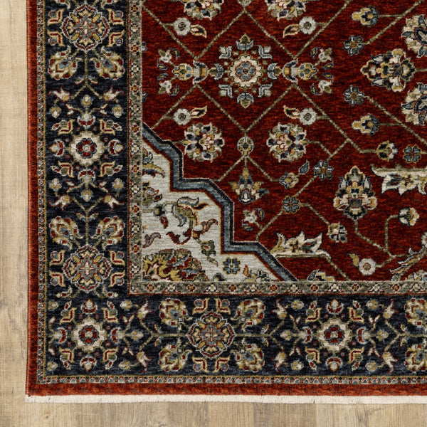 HomeRoots 2' Red Ivory Blue Navy Gold Grey Oriental Power Loom Runner Rug - Stain Resistant, Classic Elegance 5' X 8' 508083