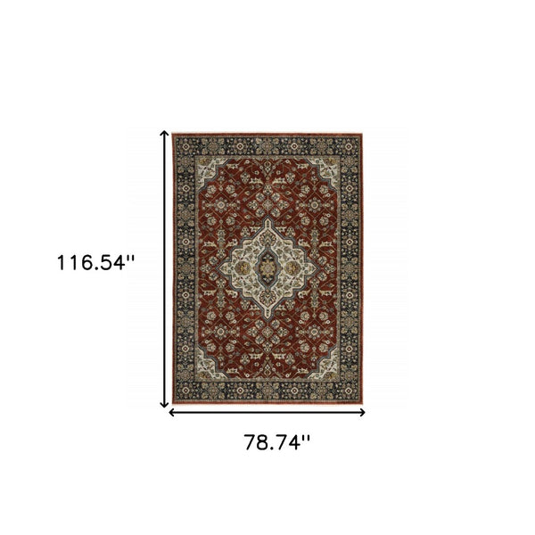HomeRoots 2' Red Ivory Blue Navy Gold Grey Oriental Power Loom Runner Rug - Stain Resistant, Classic Elegance 7' X 10' 508084