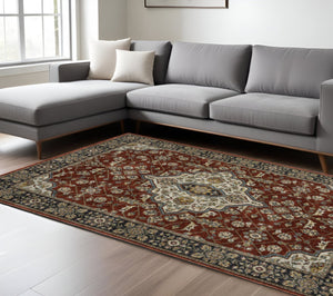 HomeRoots 2' Red Ivory Blue Navy Gold Grey Oriental Power Loom Runner Rug - Stain Resistant, Classic Elegance 7' X 10' 508084