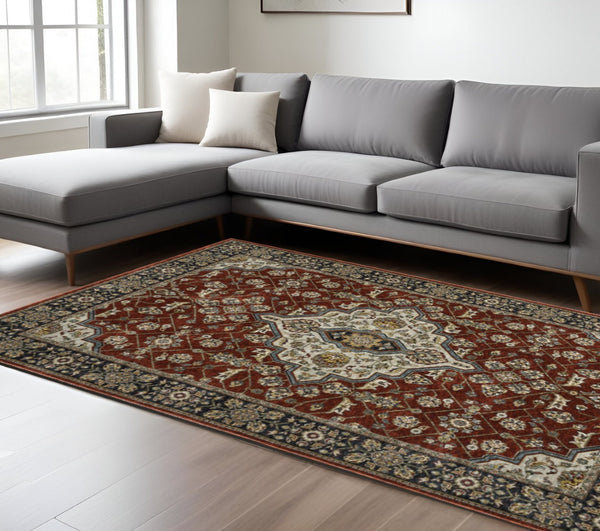 HomeRoots 2' Red Ivory Blue Navy Gold Grey Oriental Power Loom Runner Rug - Stain Resistant, Classic Elegance 7' X 10' 508084