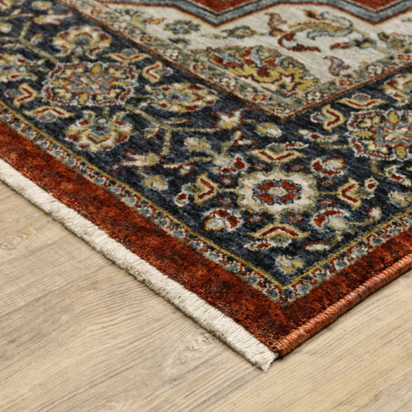 HomeRoots 2' Red Ivory Blue Navy Gold Grey Oriental Power Loom Runner Rug - Stain Resistant, Classic Elegance 7' X 10' 508084
