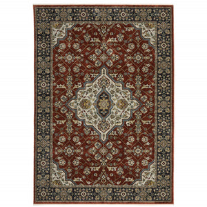 HomeRoots 2' Red Ivory Blue Navy Gold Grey Oriental Power Loom Runner Rug - Stain Resistant, Classic Elegance 8' X 11' 508085
