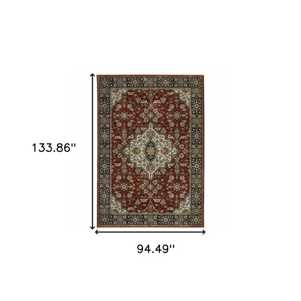 HomeRoots 2' Red Ivory Blue Navy Gold Grey Oriental Power Loom Runner Rug - Stain Resistant, Classic Elegance 8' X 11' 508085