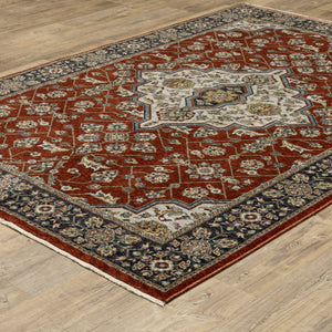 HomeRoots 2' Red Ivory Blue Navy Gold Grey Oriental Power Loom Runner Rug - Stain Resistant, Classic Elegance 8' X 11' 508085