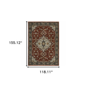 HomeRoots 2' Red Ivory Blue Navy Gold Grey Oriental Power Loom Runner Rug - Stain Resistant, Classic Elegance 10' X 13' 508086