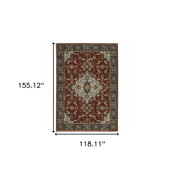 HomeRoots 2' Red Ivory Blue Navy Gold Grey Oriental Power Loom Runner Rug - Stain Resistant, Classic Elegance 10' X 13' 508086