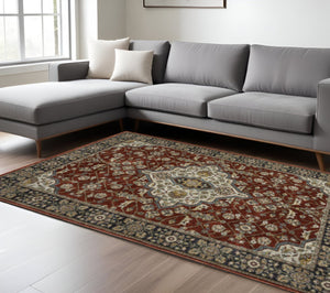 HomeRoots 2' Red Ivory Blue Navy Gold Grey Oriental Power Loom Runner Rug - Stain Resistant, Classic Elegance 10' X 13' 508086