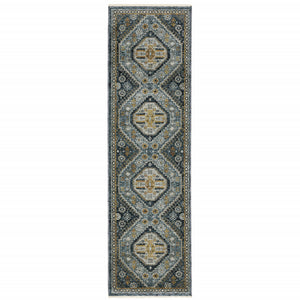 Homeroots 2' X 8' Blue Gold Ivory And Navy Oriental Power Loom Stain Resistant Runner Rug With Fringe  Polyester 508087
