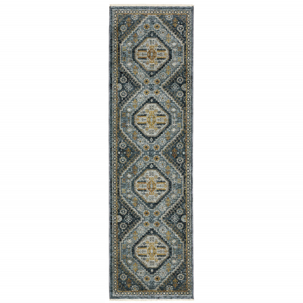 Homeroots 2' X 8' Blue Gold Ivory And Navy Oriental Power Loom Stain Resistant Runner Rug With Fringe  Polyester 508087