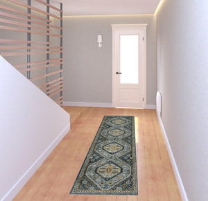 Homeroots 2' X 8' Blue Gold Ivory And Navy Oriental Power Loom Stain Resistant Runner Rug With Fringe  Polyester 508087