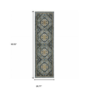 HomeRoots 2' Elegant Blue and Gold Oriental Power Loom Runner Rug - Stain Resistant with Traditional Fringe 2'3" x 7'6" 508087
