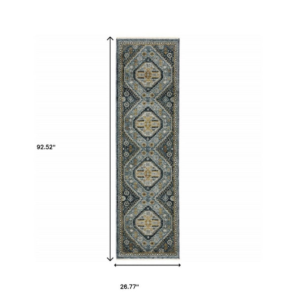 HomeRoots 2' Elegant Blue and Gold Oriental Power Loom Runner Rug - Stain Resistant with Traditional Fringe 2'3" x 7'6" 508087