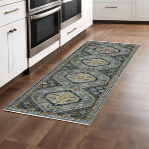 HomeRoots 2' Elegant Blue and Gold Oriental Power Loom Runner Rug - Stain Resistant with Traditional Fringe 2'3" x 7'6" 508087