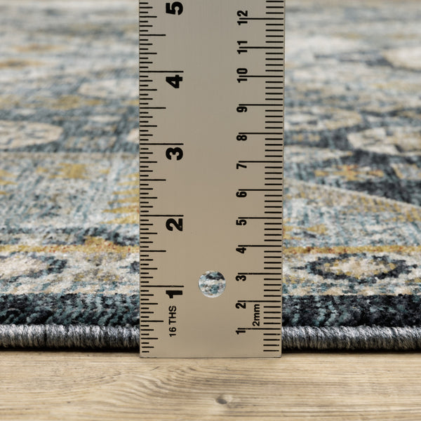 Homeroots 2' X 8' Blue Gold Ivory And Navy Oriental Power Loom Stain Resistant Runner Rug With Fringe  Polyester 508087