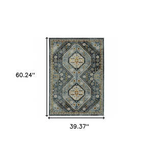 HomeRoots 2' Elegant Blue and Gold Oriental Power Loom Runner Rug - Stain Resistant with Traditional Fringe 3' x 5' 508089