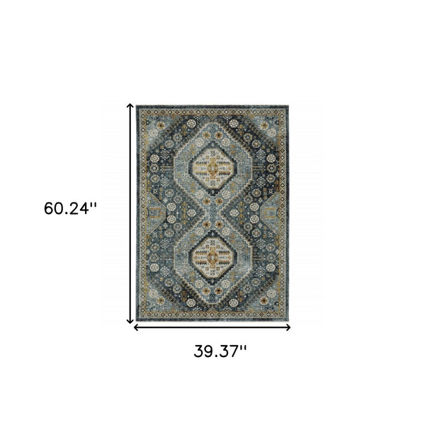 HomeRoots 2' Elegant Blue and Gold Oriental Power Loom Runner Rug - Stain Resistant with Traditional Fringe 3' x 5' 508089
