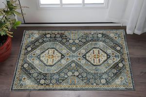 HomeRoots 2' Elegant Blue and Gold Oriental Power Loom Runner Rug - Stain Resistant with Traditional Fringe 3' x 5' 508089